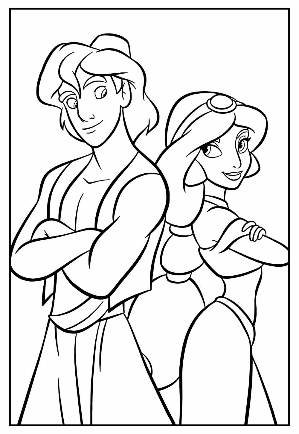 Desenho de Aladim e Jasmine para pintar